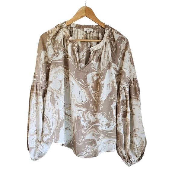 August Sky Womens SM Blouse Beige Cream Abstract Swirl Raglan Balloon Sleeves - Picture 1 of 9